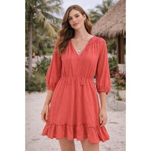 Dee Elly Coral Pink Ruffle Mini Dress V-Neck Balloon Sleeve Womens M boho beach